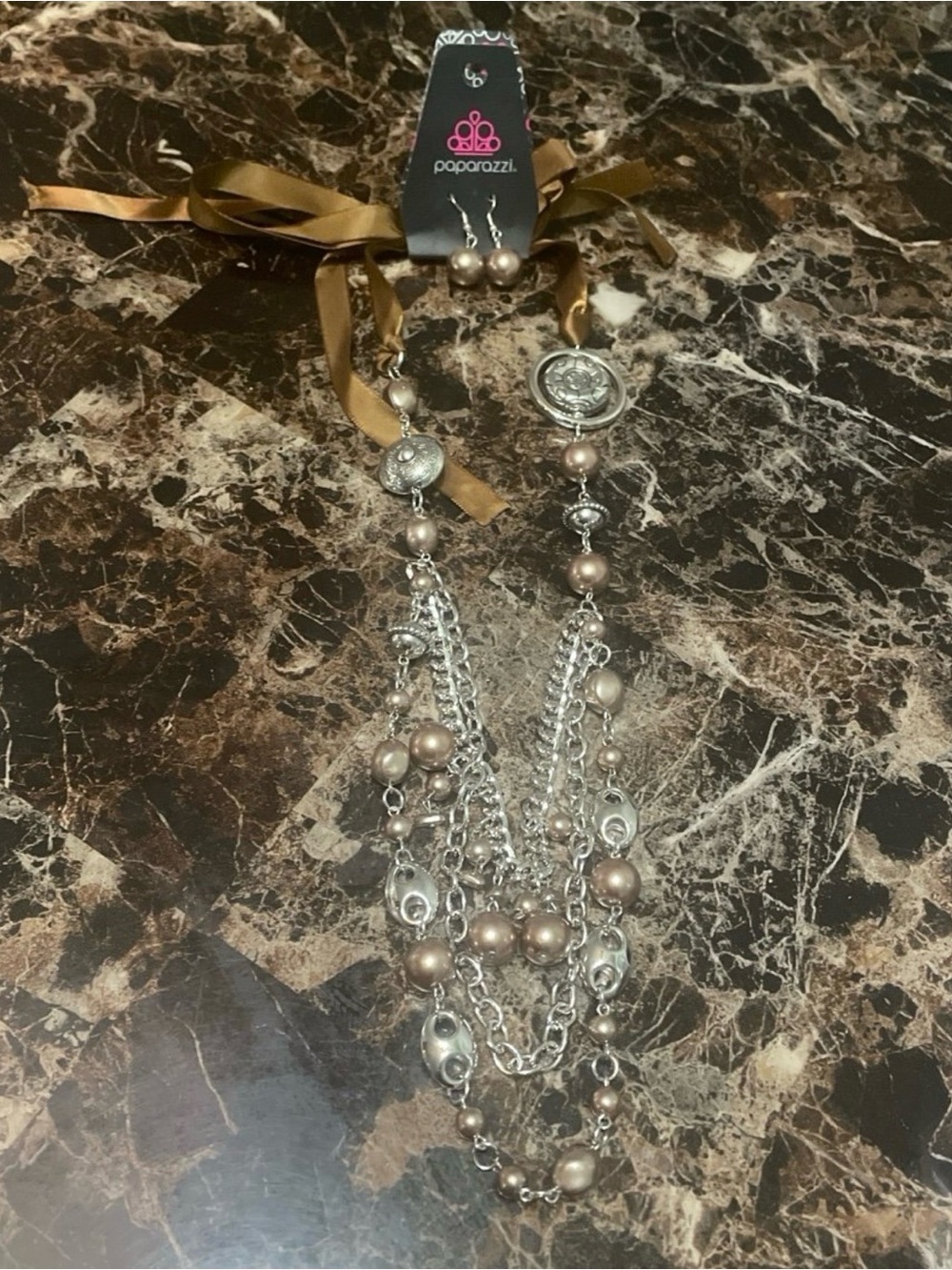 Paparazzi Taupe Pearl & Silver Multi-Chain Necklace with Ribbon